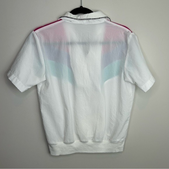 Vintage 80s Colorblock Chevron Short Sleeve Blouse White Pink Purple Teal - Picture 7 of 9